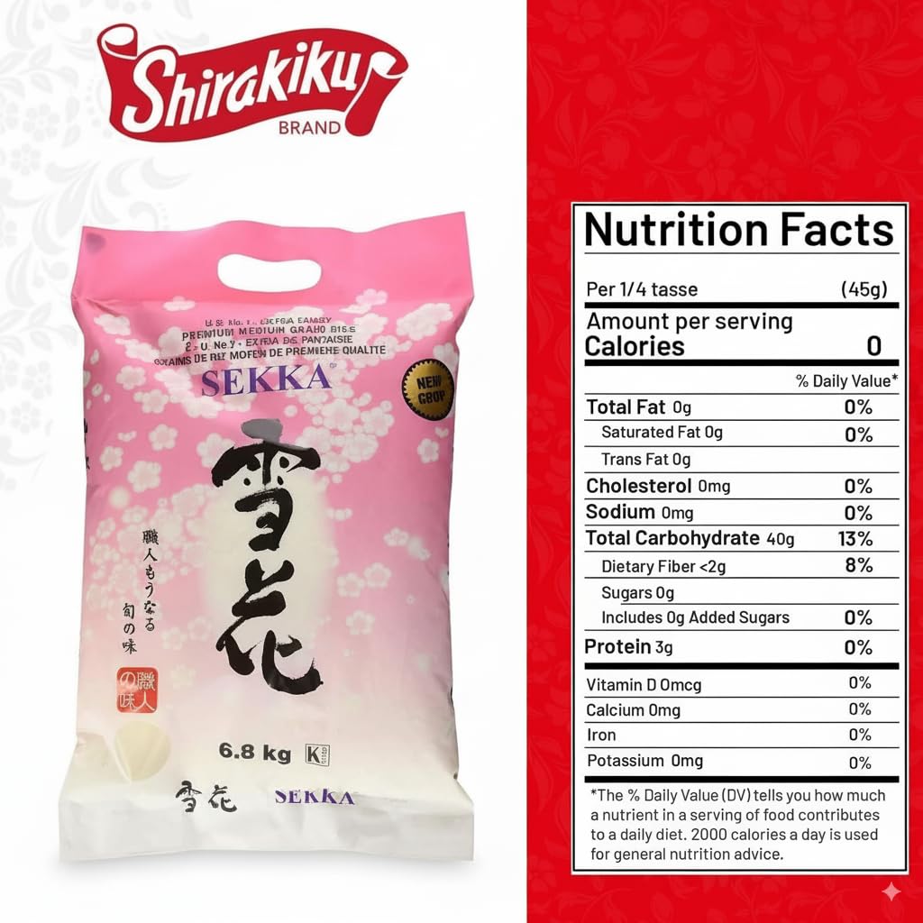Sekka medium grain uncooked rice close-up for quality base.