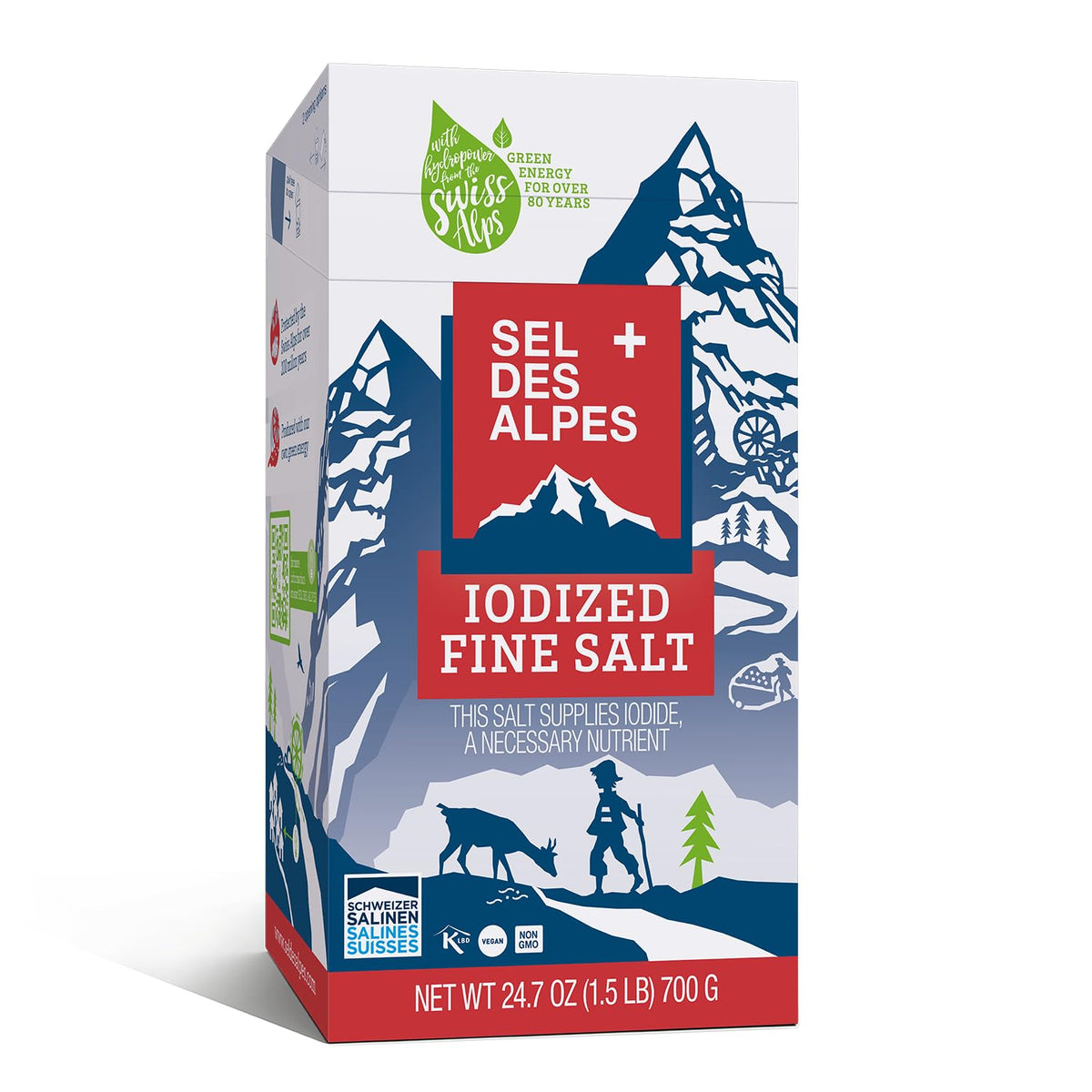 SEL DES ALPES iodized fine salt packaging shows premium Swiss quality for everyday cooking.