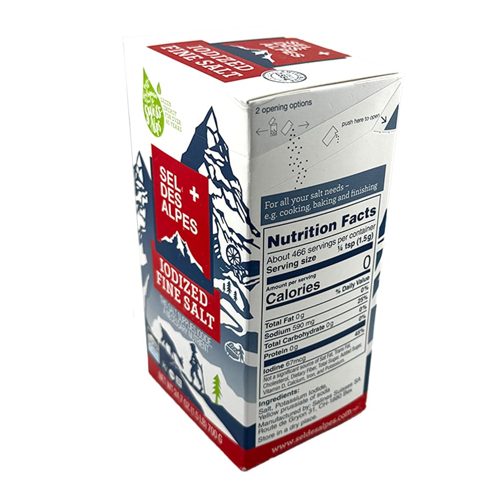 SEL DES ALPES iodized fine salt shaker pour demonstrates easy dispensing during meal prep.