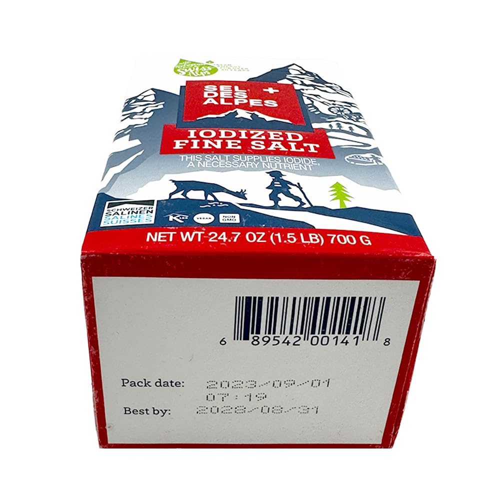 SEL DES ALPES iodized fine salt stacked bag suggests pantry-ready packaging.
