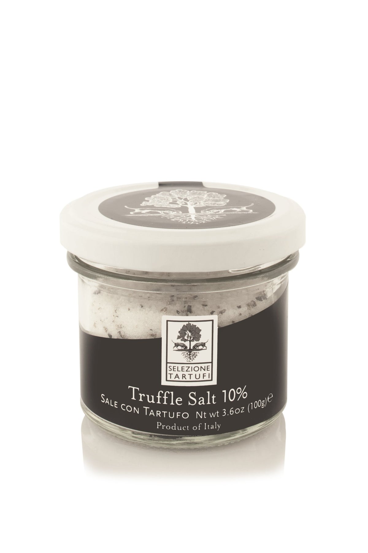 Selezione Tartufi Black Truffle Salt 10% jar ready to elevate gourmet finishing touches.