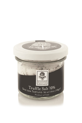 Selezione Tartufi Black Truffle Salt 10% jar ready to elevate gourmet finishing touches.