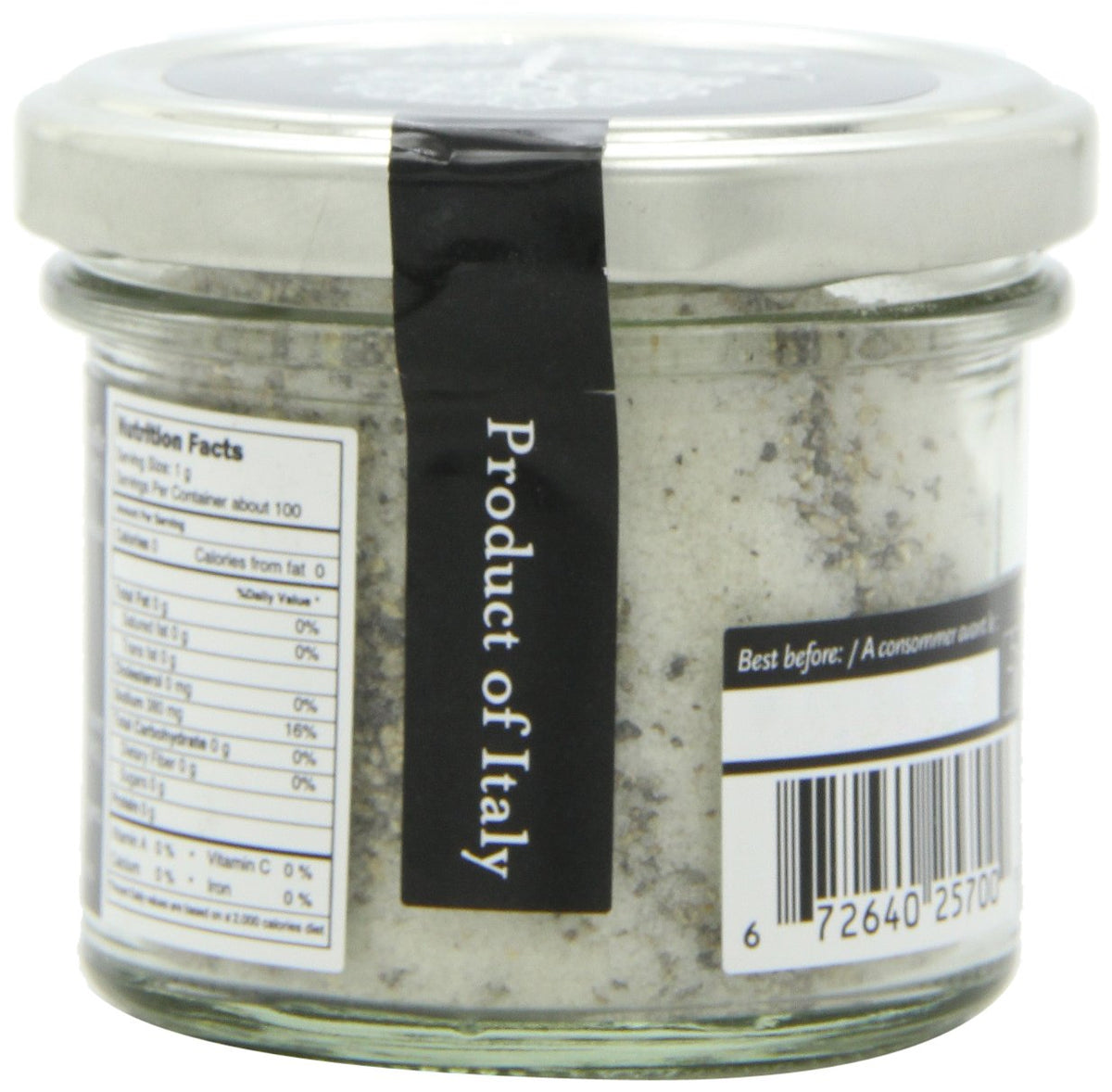 Selezione Tartufi Black Truffle Salt 10% label close-up highlights gourmet, preservative-free ingredients.