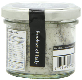 Selezione Tartufi Black Truffle Salt 10% label close-up highlights gourmet, preservative-free ingredients.