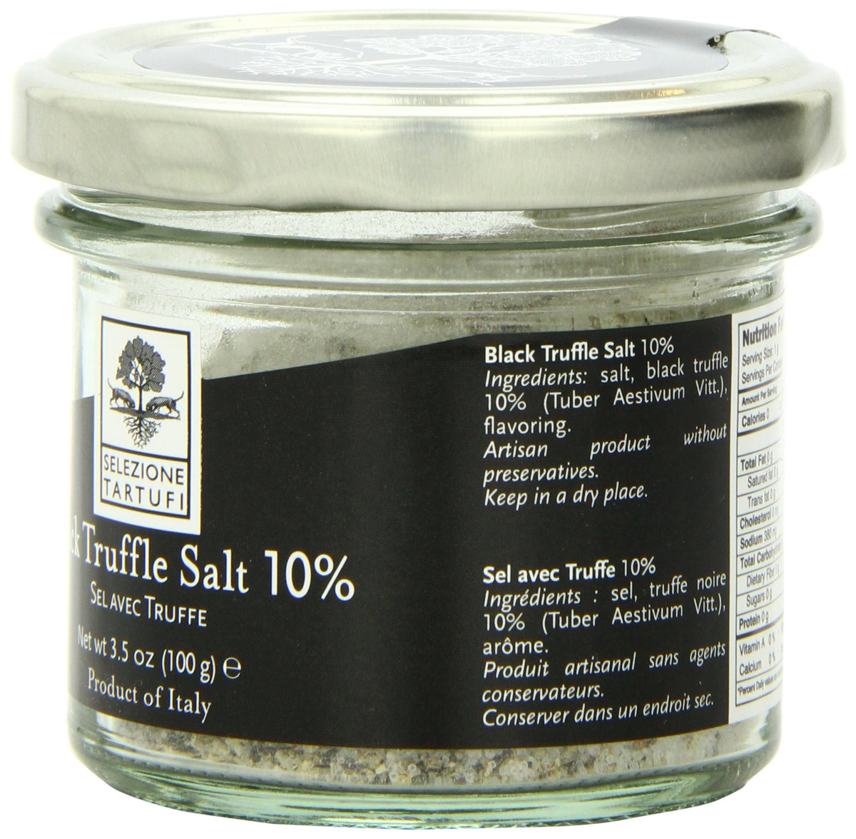 Selezione Tartufi Black Truffle Salt 10% pouring adds savory aroma to snacks.