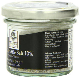 Selezione Tartufi Black Truffle Salt 10% pouring adds savory aroma to snacks.