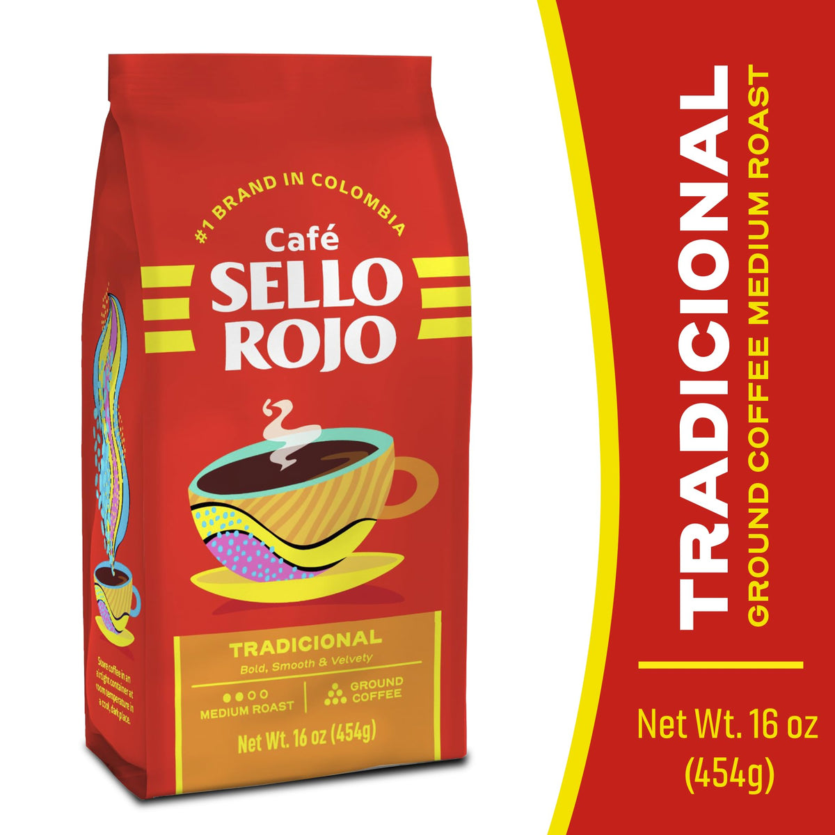 Sello Rojo Traditional Medium Roast label closeup shows premium Colombian beans for authentic flavor