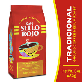 Sello Rojo Traditional Medium Roast label closeup shows premium Colombian beans for authentic flavor