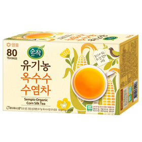Sempio Corn Silk Tea packaging close-up highlighting natural ingredients and caffeine-free option.
