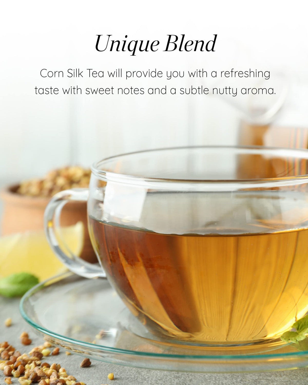 Sempio Corn Silk Tea steaming cup captures relaxing, caffeine-free enjoyment.