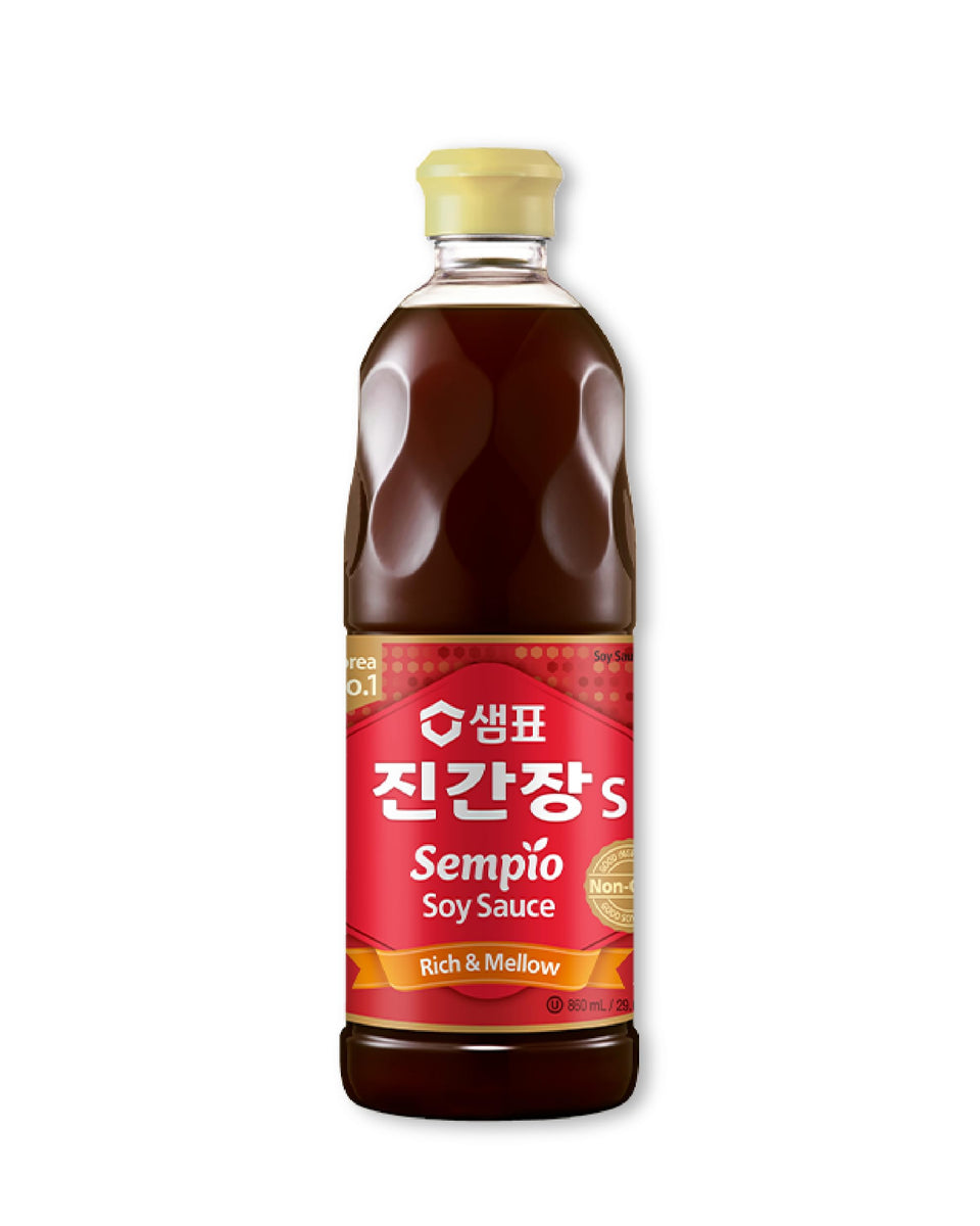 Sempio Jin S all-purpose soy sauce bottle highlighting rich aroma for marinades and stir-fries.