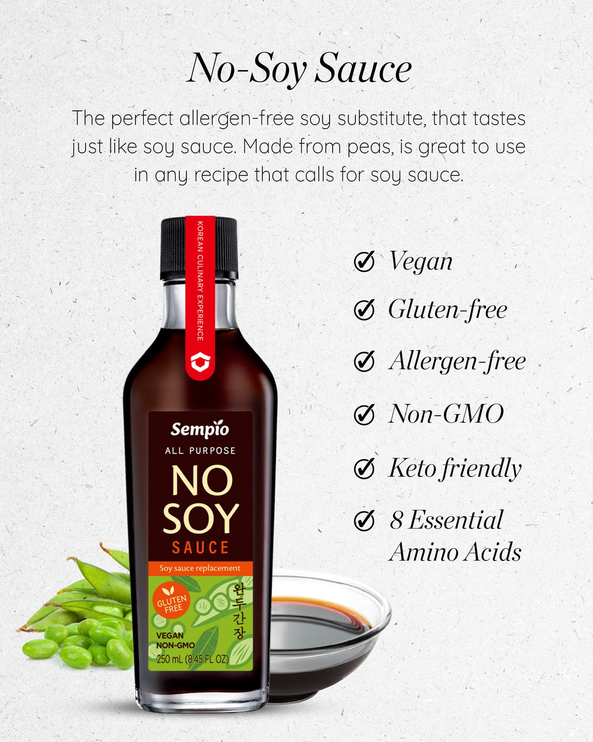 Sempio No Soy Sauce label closeup, gluten-free and plant-based formula