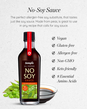 Sempio No Soy Sauce label closeup, gluten-free and plant-based formula