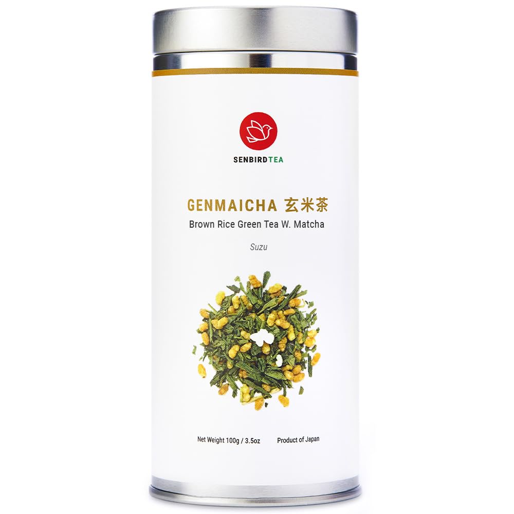 Senbird Genmaicha loose leaf in tin for fresh aroma and easy storage.