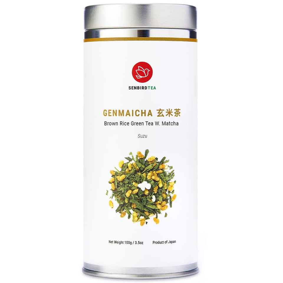 Senbird Genmaicha loose leaf in tin for fresh aroma and easy storage.