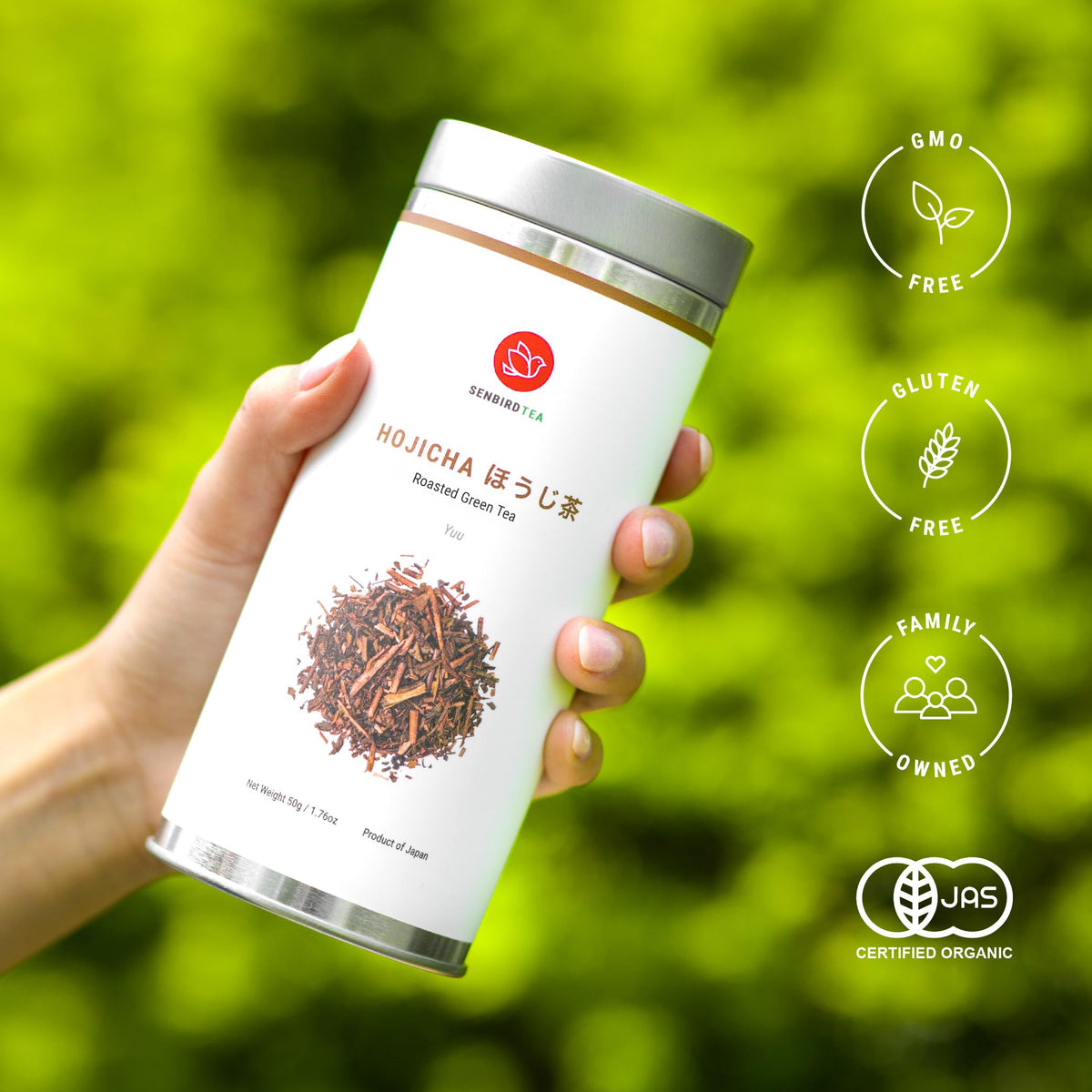 Senbird Hojicha being poured for a warm earthy cup.