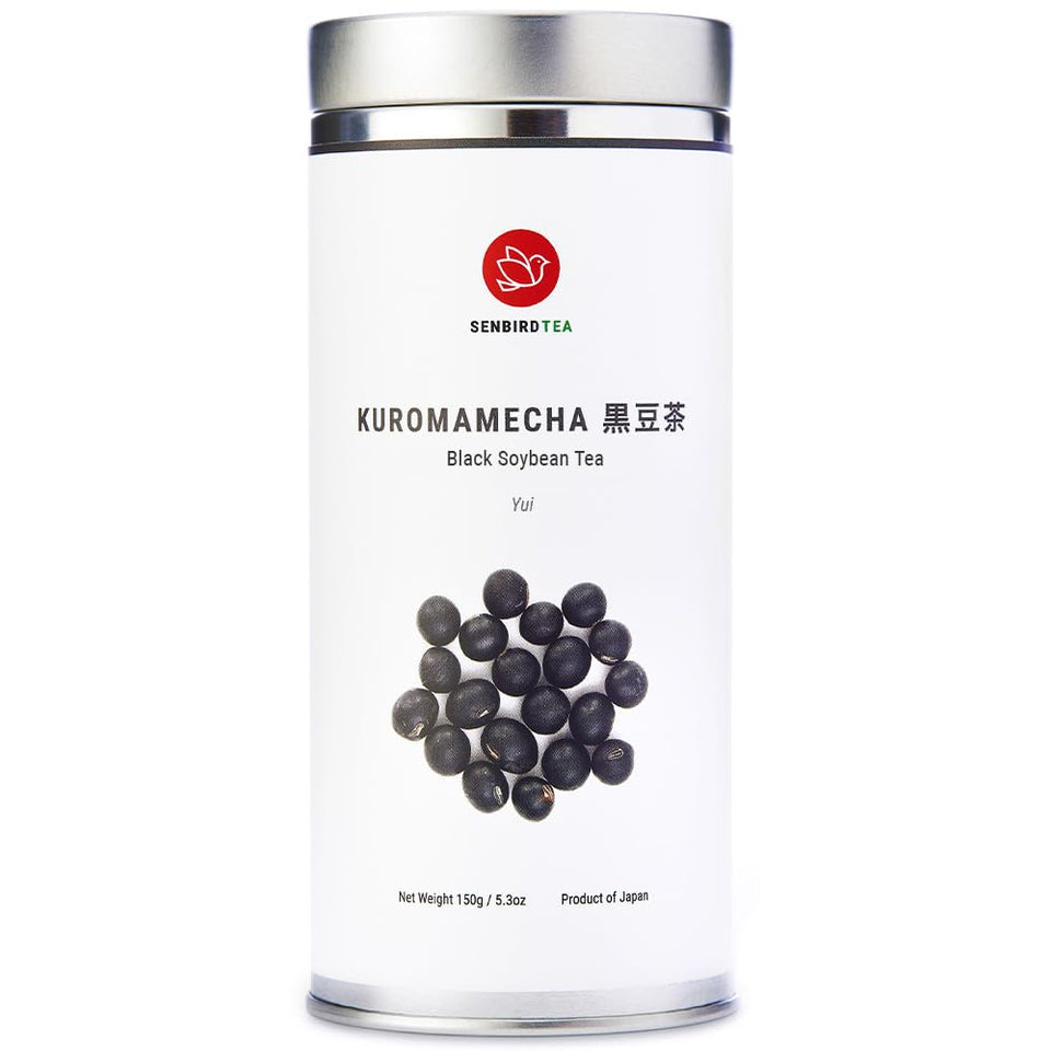 Senbird Kuromamecha tea tin close-up preserving freshness.