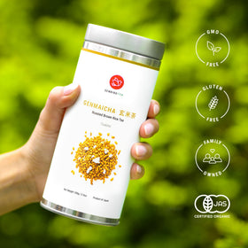 Senbird Premium Genmaicha airtight tin close-up showing freshness seal