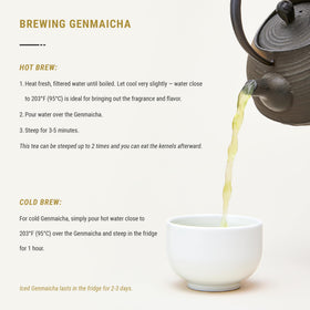 Senbird Genmaicha tea leaves in brew focused on aroma