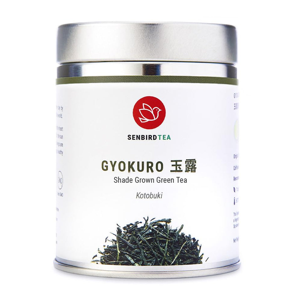 Senbird Premium Gyokuro leaves close-up showing premium quality and vibrant green color.