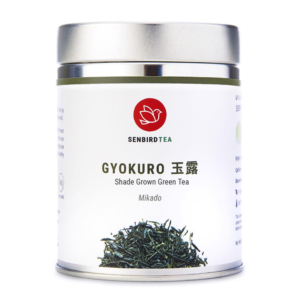 Senbird Premium Gyokuro tin front view showing premium packaging and freshness