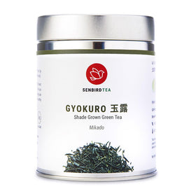 Senbird Premium Gyokuro tin front view showing premium packaging and freshness