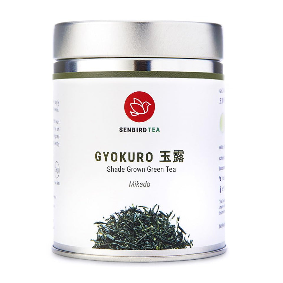 Senbird Premium Gyokuro tin front view showing premium packaging and freshness