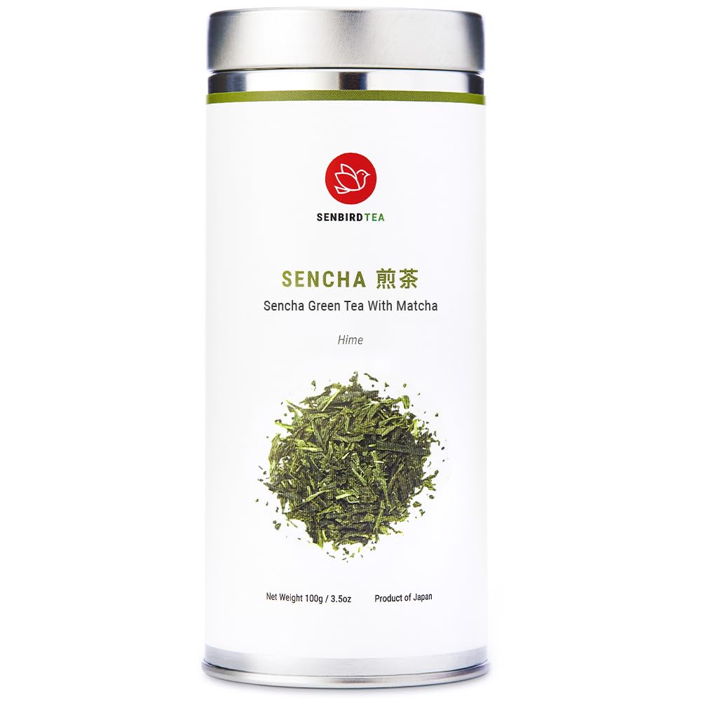 Senbird Premium Sencha with Matcha tin front view showing premium packaging and freshness