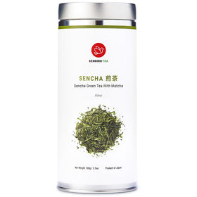 Senbird Premium Sencha with Matcha tin front view showing premium packaging and freshness