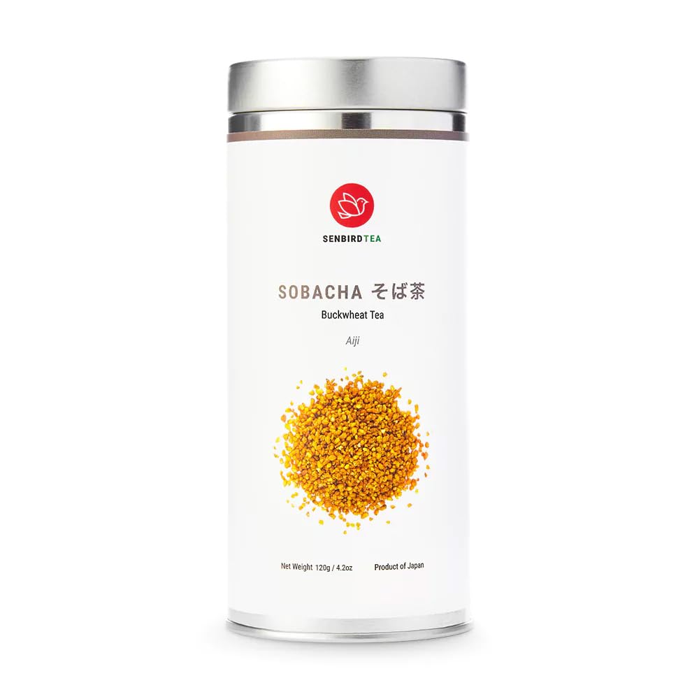 Senbird Premium Sobacha tea tin shows roasted buckwheat for a caffeine-free ritual