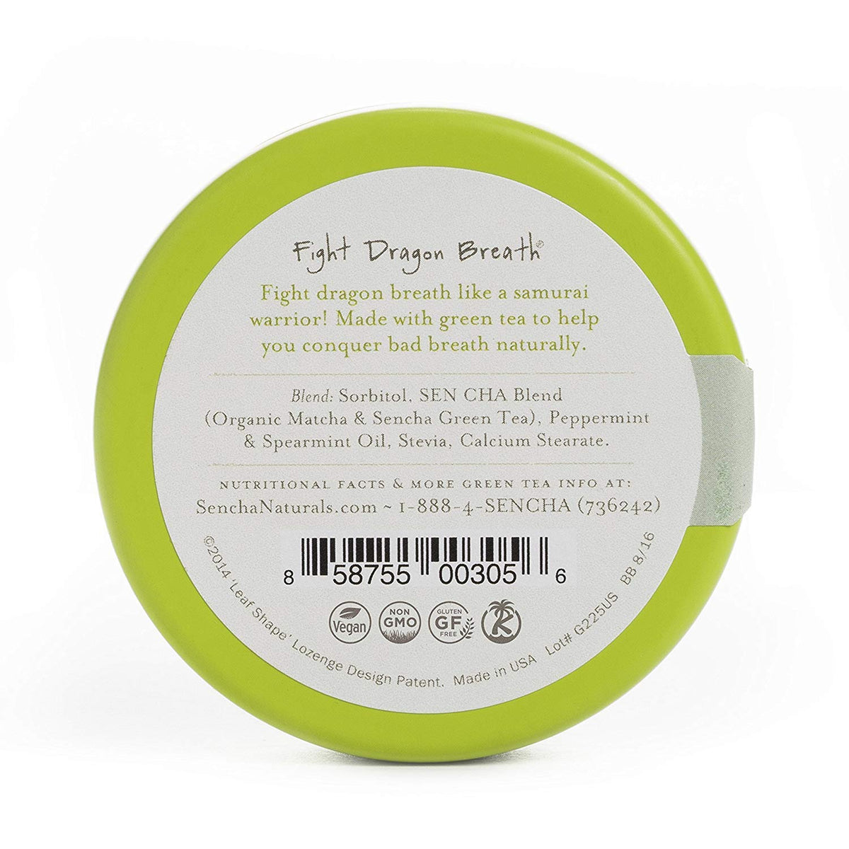 Sencha Naturals Green Tea Mints Moroccan Mint, pack back view, convenient, sugar-free breath freshener.