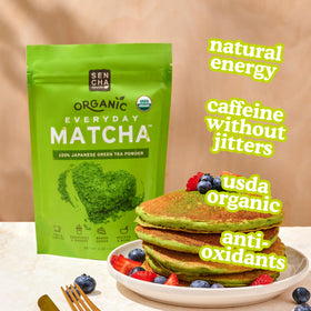 Sencha Naturals matcha latte setup with bright green froth and fragrant aroma.