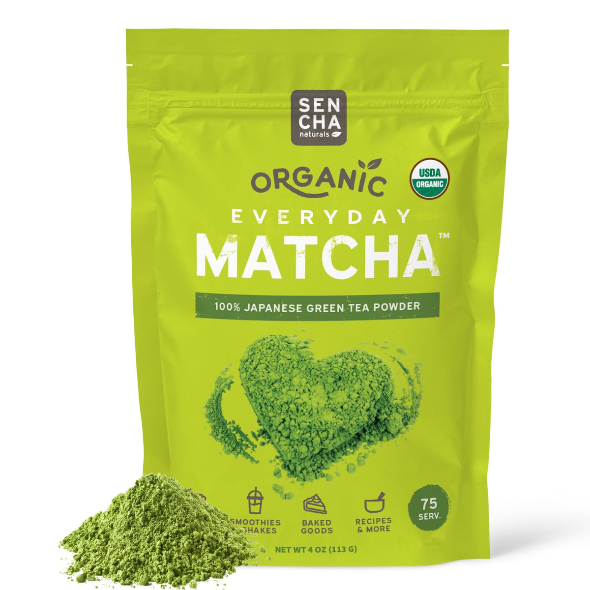 Sencha Naturals matcha powder bag 4oz, ideal for everyday drinks and baking.