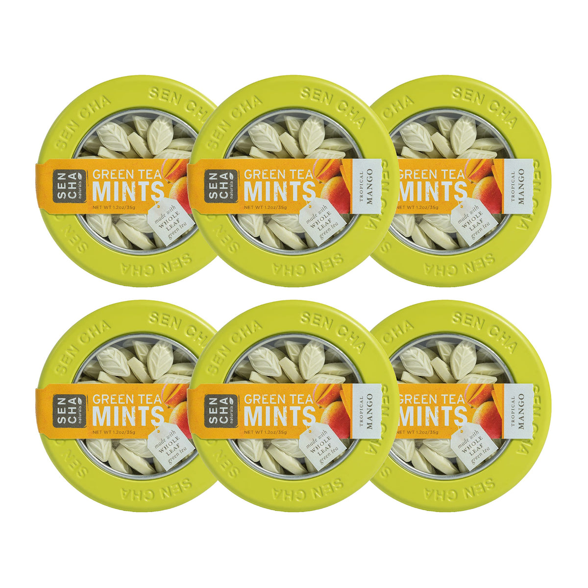 SENCHA NATURALS tropical mango green tea mints, front view, presenting refreshing breath on the go