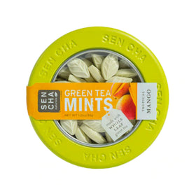 SENCHA NATURALS tropical mango mints, close-up of mint details with mango and tea notes
