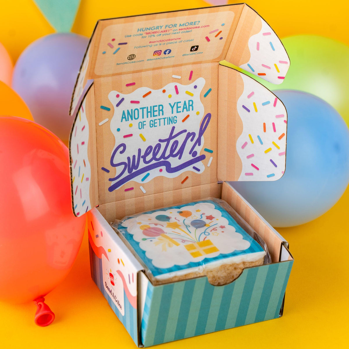 Send A Cake birthday confetti design captures celebratory vibe.