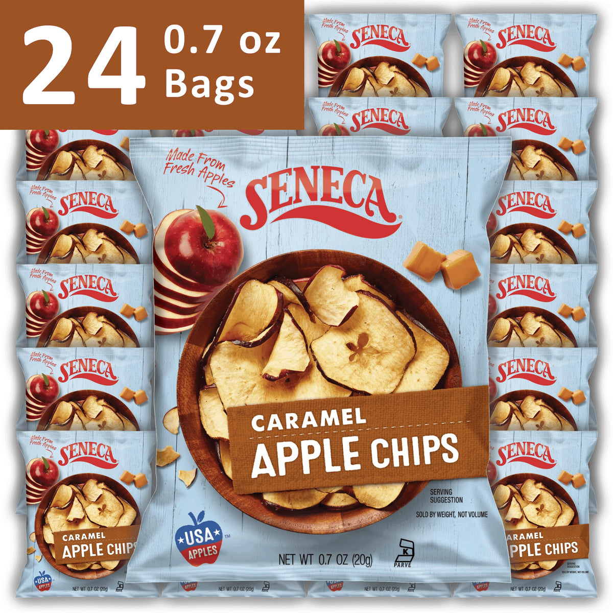 Seneca Caramel Apple Chips in foil bag preserves freshness and crunch for on-the-go moments.