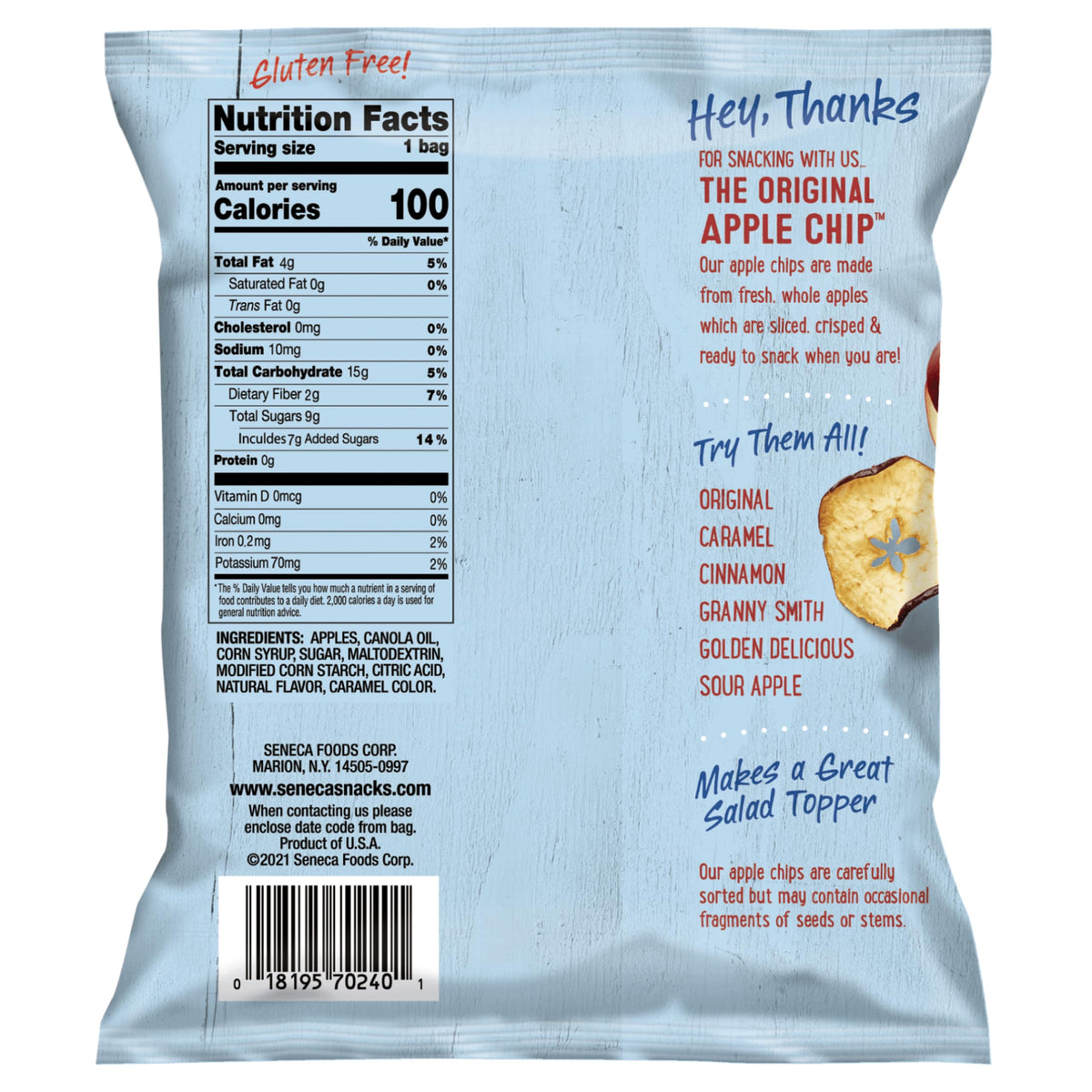 Seneca Caramel Apple Chips emphasize real fruit and straightforward ingredients.