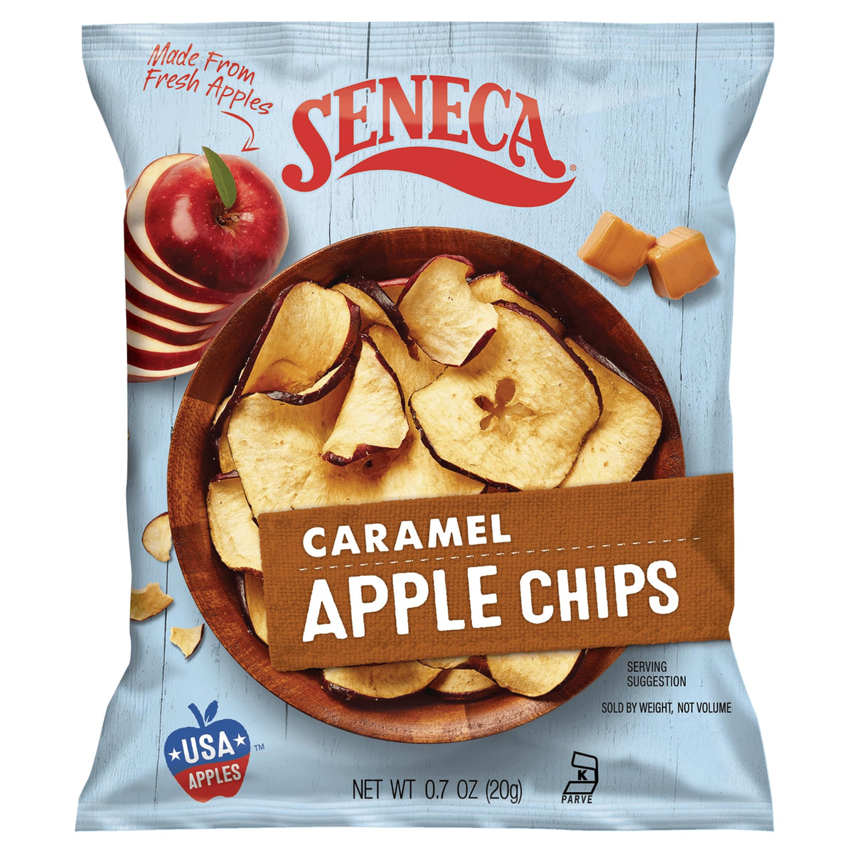 Seneca Caramel Apple Chips feature Red Delicious apples with caramel sweetness for real fruit flavor.