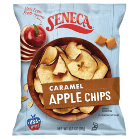Seneca Caramel Apple Chips feature Red Delicious apples with caramel sweetness for real fruit flavor.