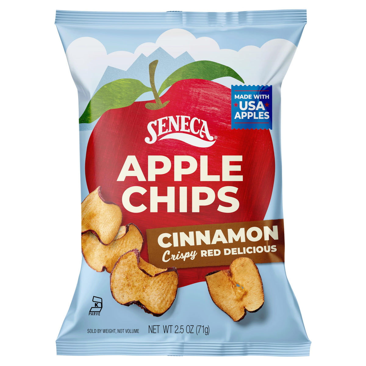 Seneca Cinnamon Apple Chips close-up of apple slices, great for lunchboxes.