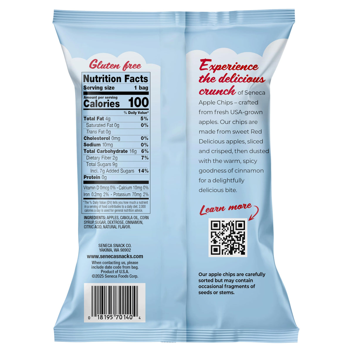 Seneca Cinnamon Apple Chips crisped apple bite highlighting vacuum-crisp texture.