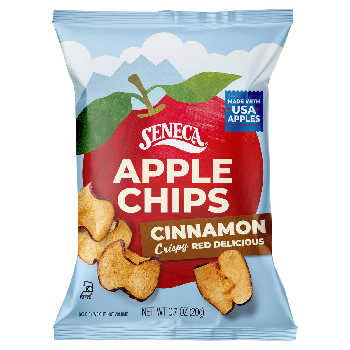 Seneca Cinnamon Apple Chips packaging in a foil-fresh bag preserves crunch and flavor.