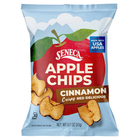 Seneca Cinnamon Apple Chips packaging in a foil-fresh bag preserves crunch and flavor.