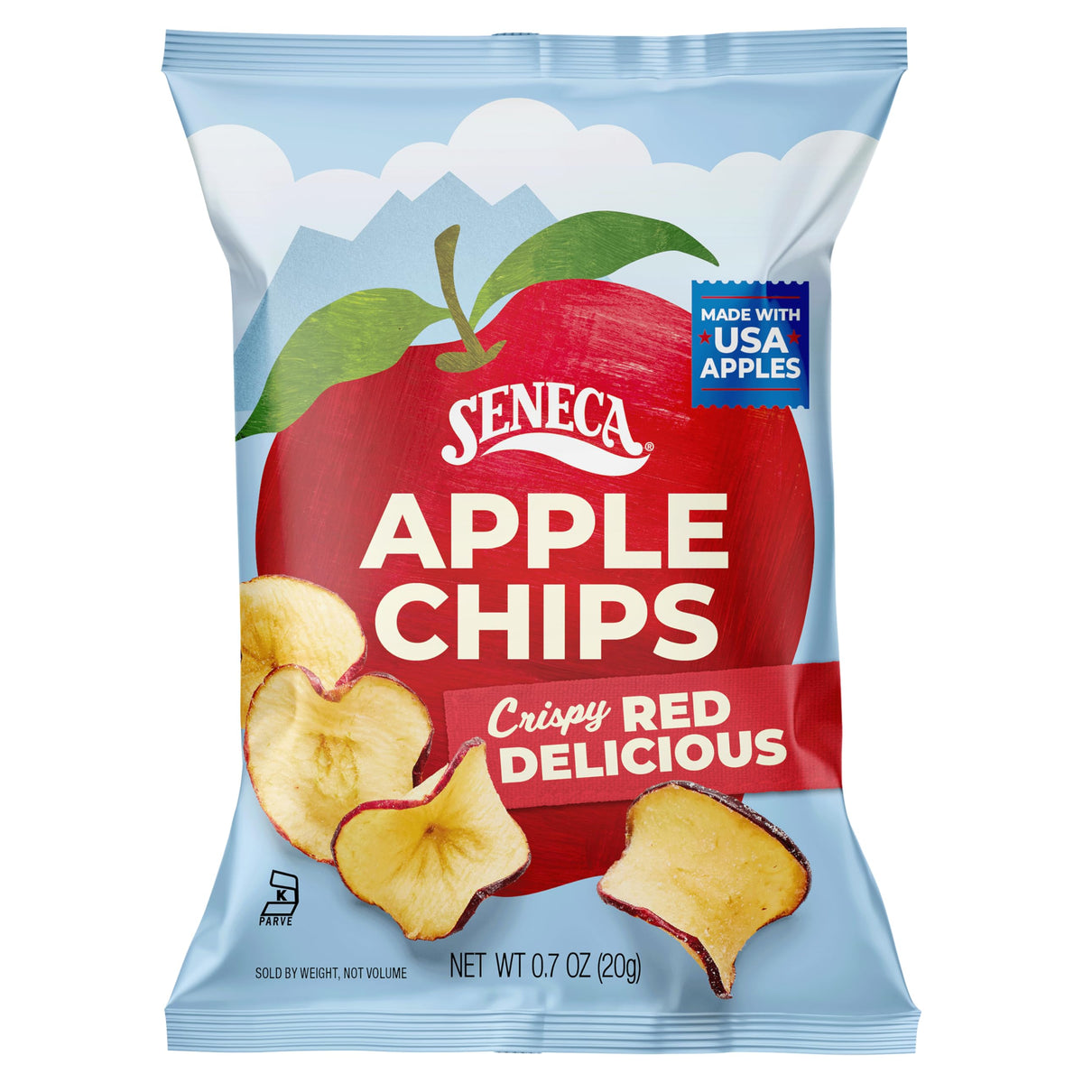Seneca Original Apple Chips foil-lined bag emphasizes freshness.