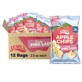 Seneca Pink Lady Apple Chips bag closeup highlighting crisp texture and vibrant color for a healthy snack.