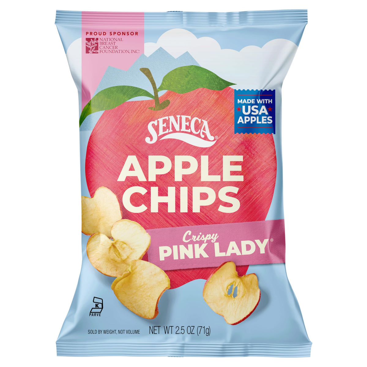 Seneca Pink Lady Apple Chips front-pack display, perfect for on-the-go snacking.