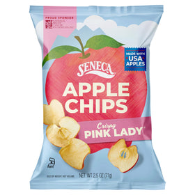Seneca Pink Lady Apple Chips front-pack display, perfect for on-the-go snacking.
