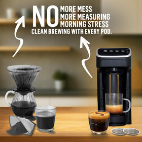 Morning ritual enhanced by Senseo coffee pods delivering rich crema.