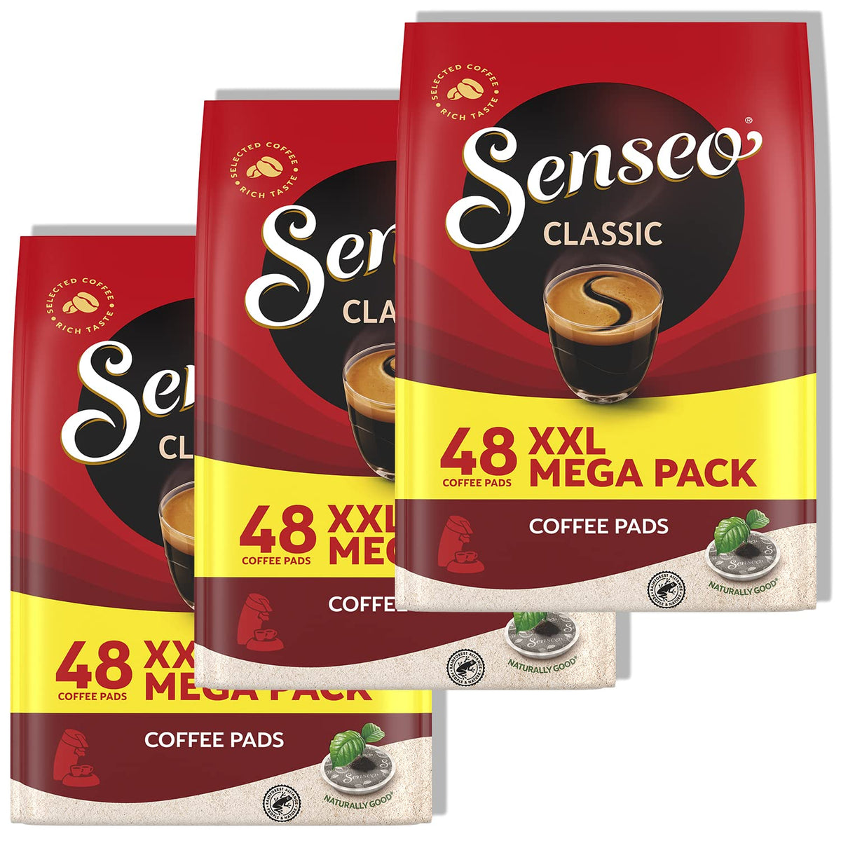 Senseo Classic Medium Roast pods in a 144-pack for convenient home brewing.